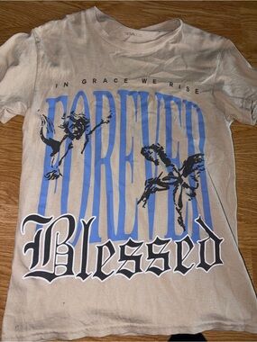 Fashion Nova Beige Graphic Tee with Blue 'Forever' and Black 'Blessed' Script